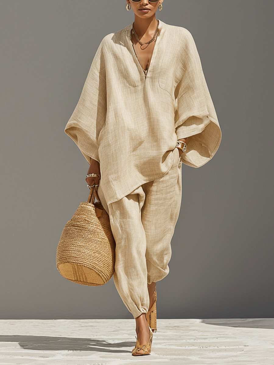 Neutral Linen Women's Set with Asymmetrical Hem and Minimalist Design, Sophisticated Daily-Casual Style Set