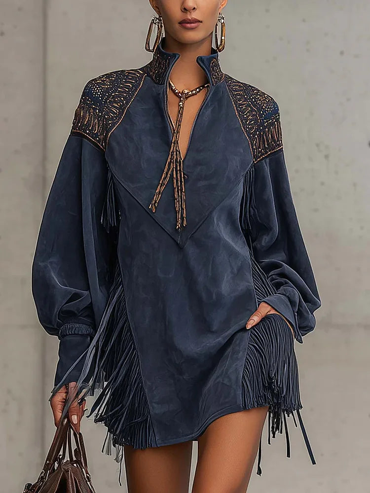 Indigo Faux Suede Embroidered Tassel Stand-up Collar Mini Dress