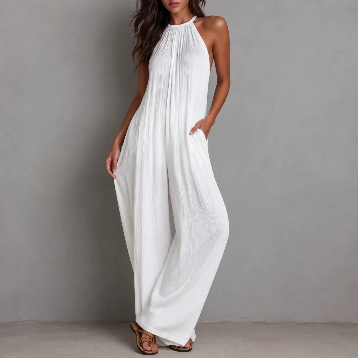 Drevana – Halter Wide-Leg Jumpsuit with Deep Pockets, Flowy Drape