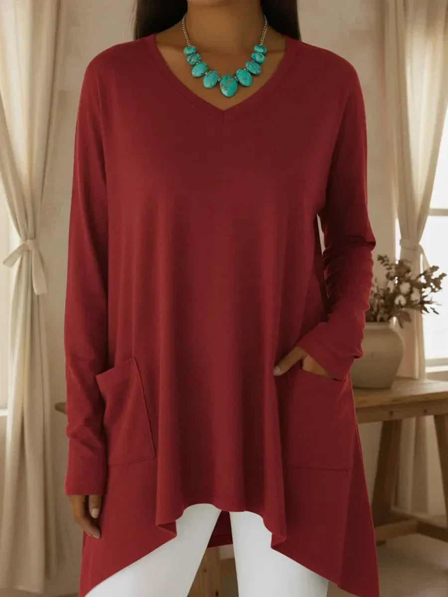 Boglarka - V-neck Loose Sweater With Irregular Hem