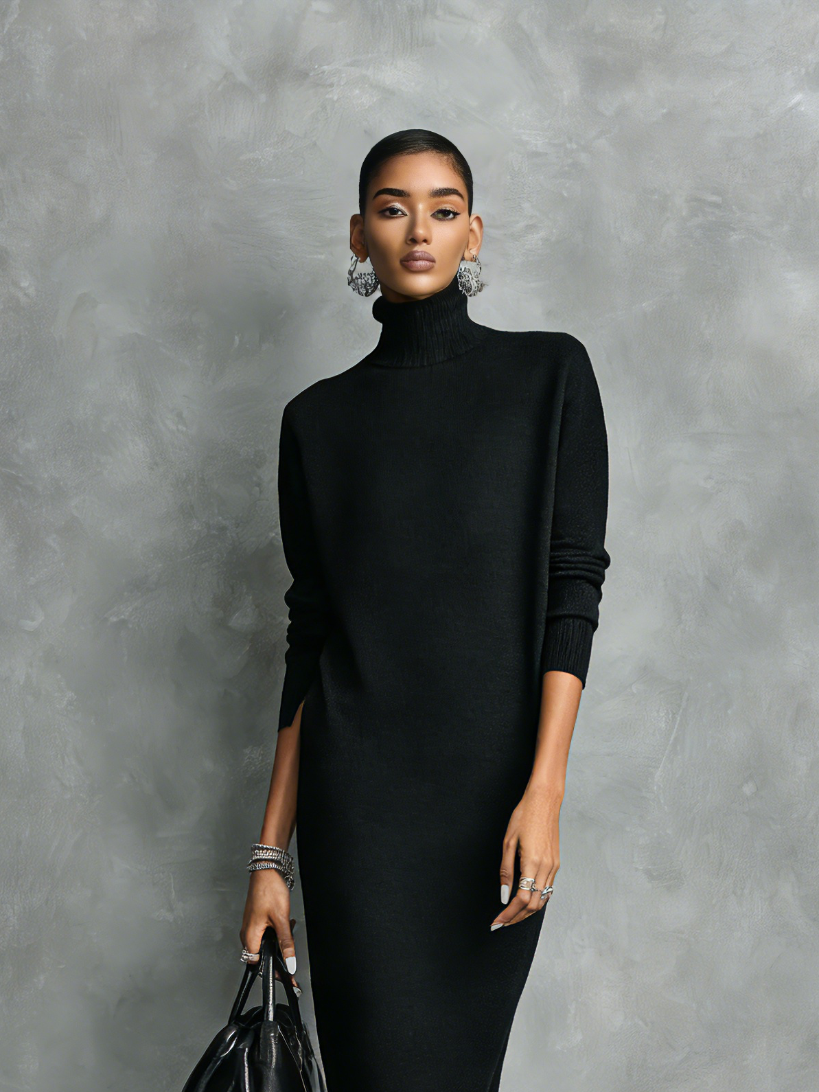 Women's Elegant Black Knitted Turtleneck Long-sleeved Loose-fitting  Midi Dress With No Pockets MDA1974L7AN