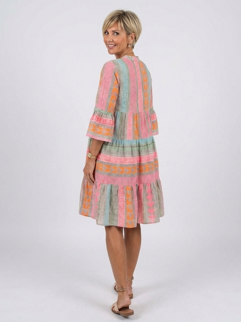 Maelle | Geometric Print V Neck Tiered Knee Length Dress