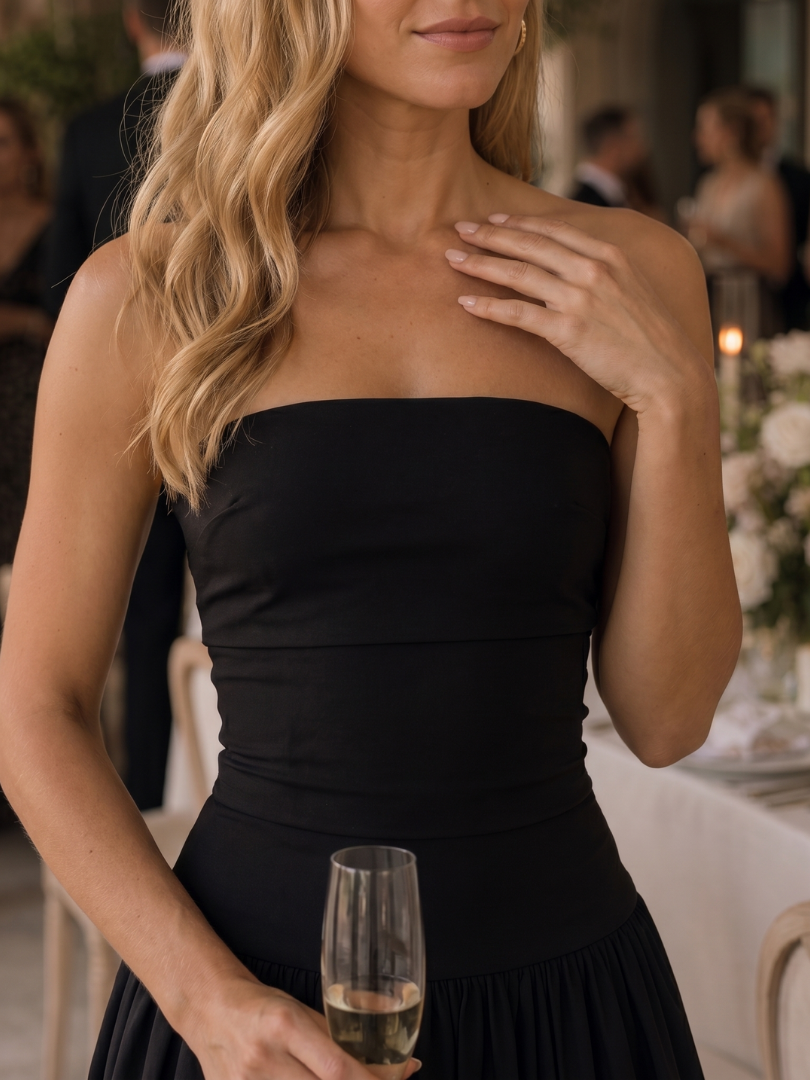 Zelene | Strapless Ruched Bodice Midi Dress