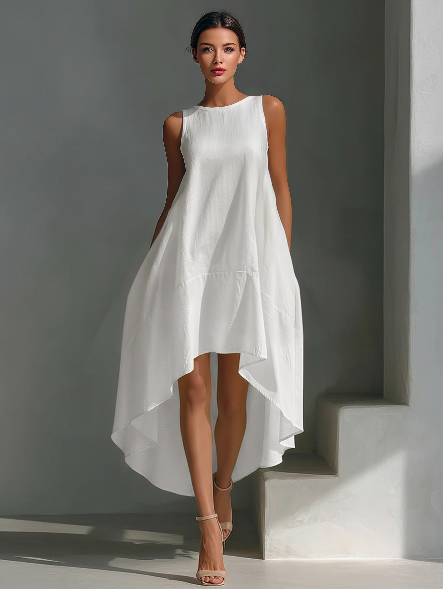 White Linen Sleeveless Midi Dress for Women with Round Neck and Asymmetrical Hem
