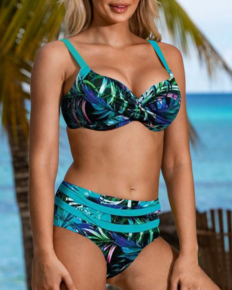High-Waisted Bikini with Leaf Print