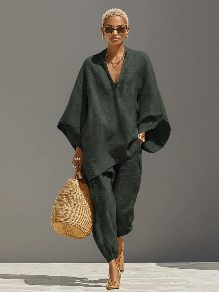 Neutral Linen Women's Set with Asymmetrical Hem and Minimalist Design, Sophisticated Daily-Casual Style Set