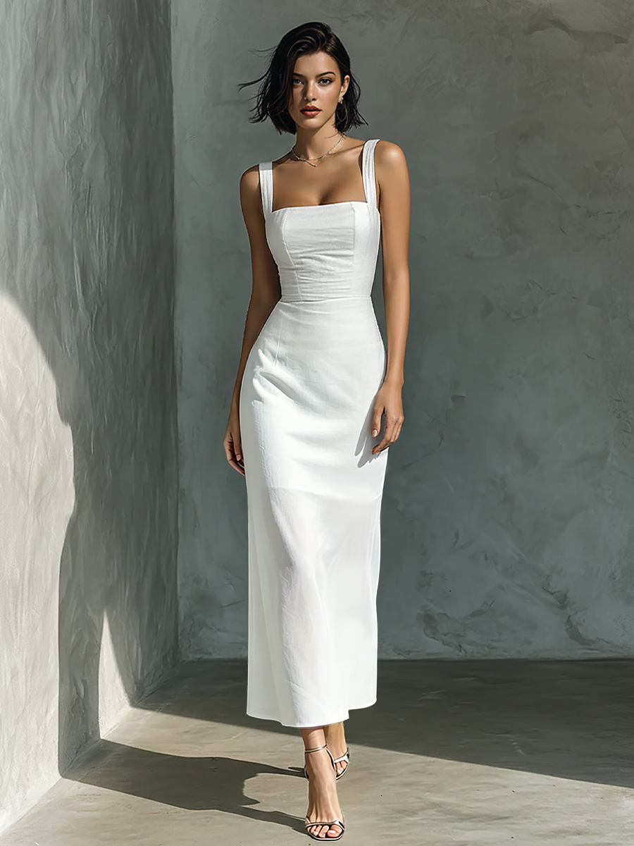 Women's Simple White Cotton And Linen Blend Sleeveless Midi Dress MDZ1204A3BA