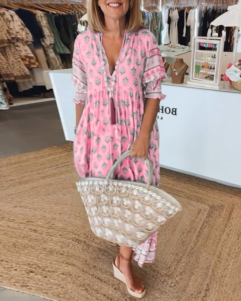 Isabella | Women's Boho Printed Tassel Tie Midi Dress