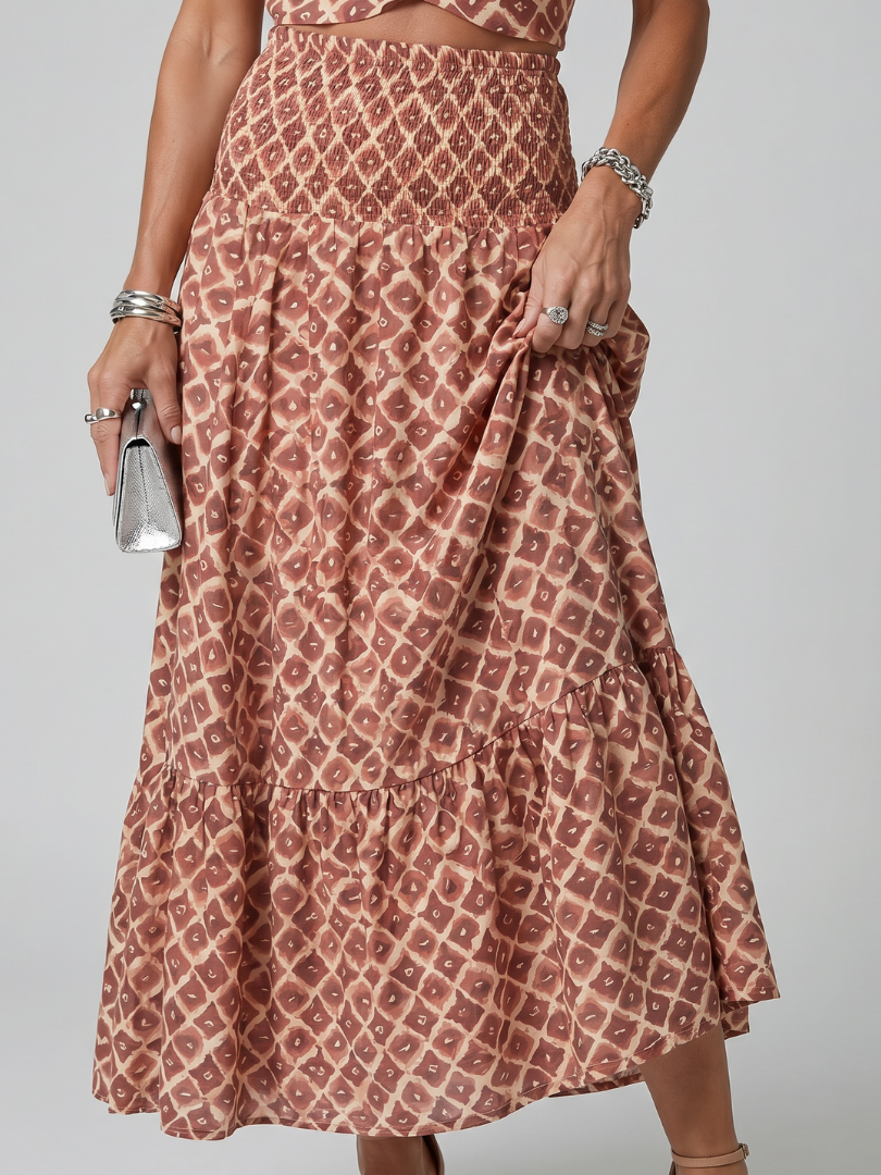 Amira | Cross Halter Geometric Print Cutout Midi Dress