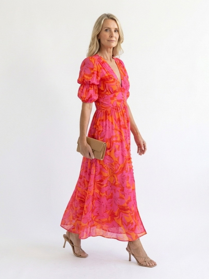 Stella & Grace™ | Floral V Neck Puff Sleeve Midi Dress