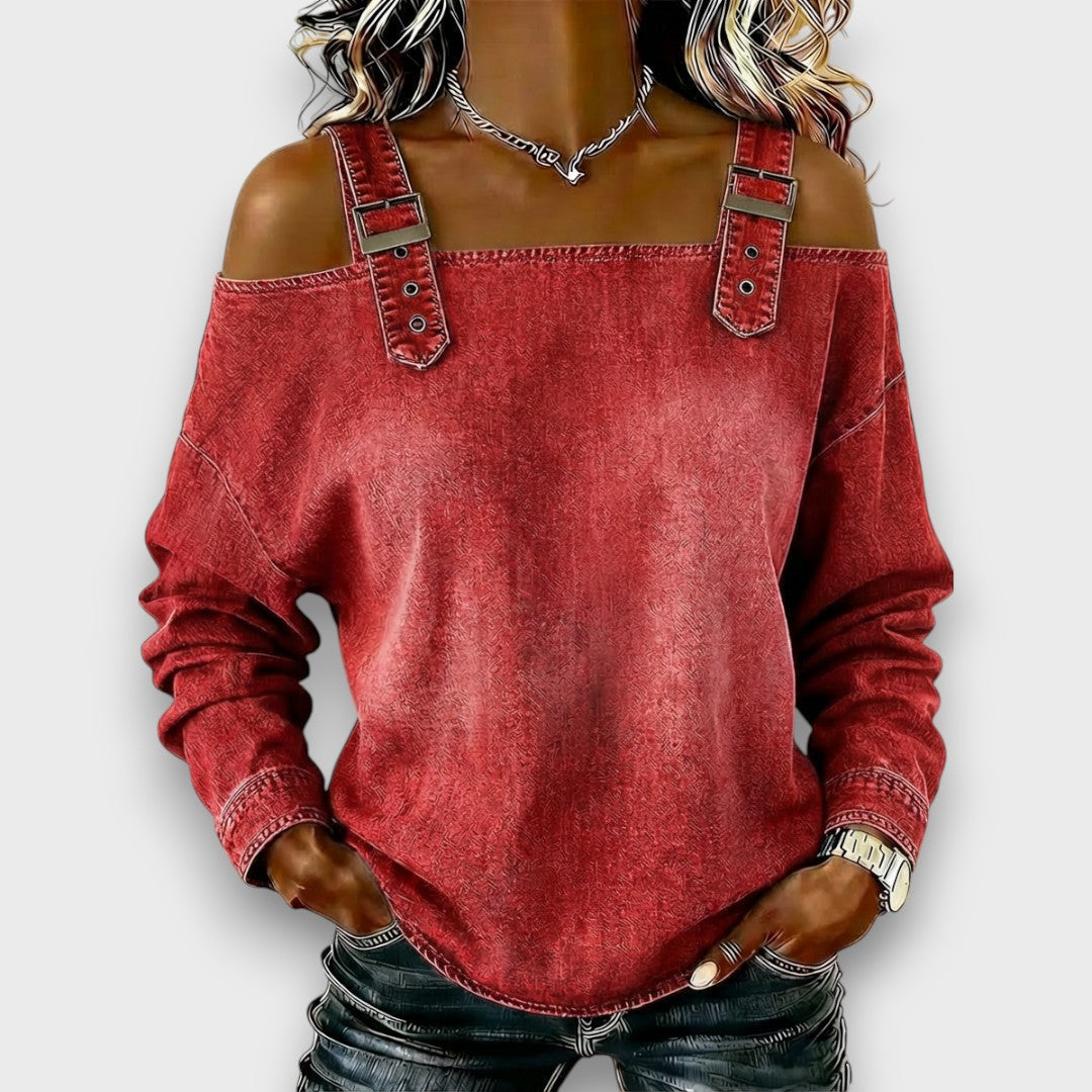 Velmira - Casual Buckle Strap Denim Top