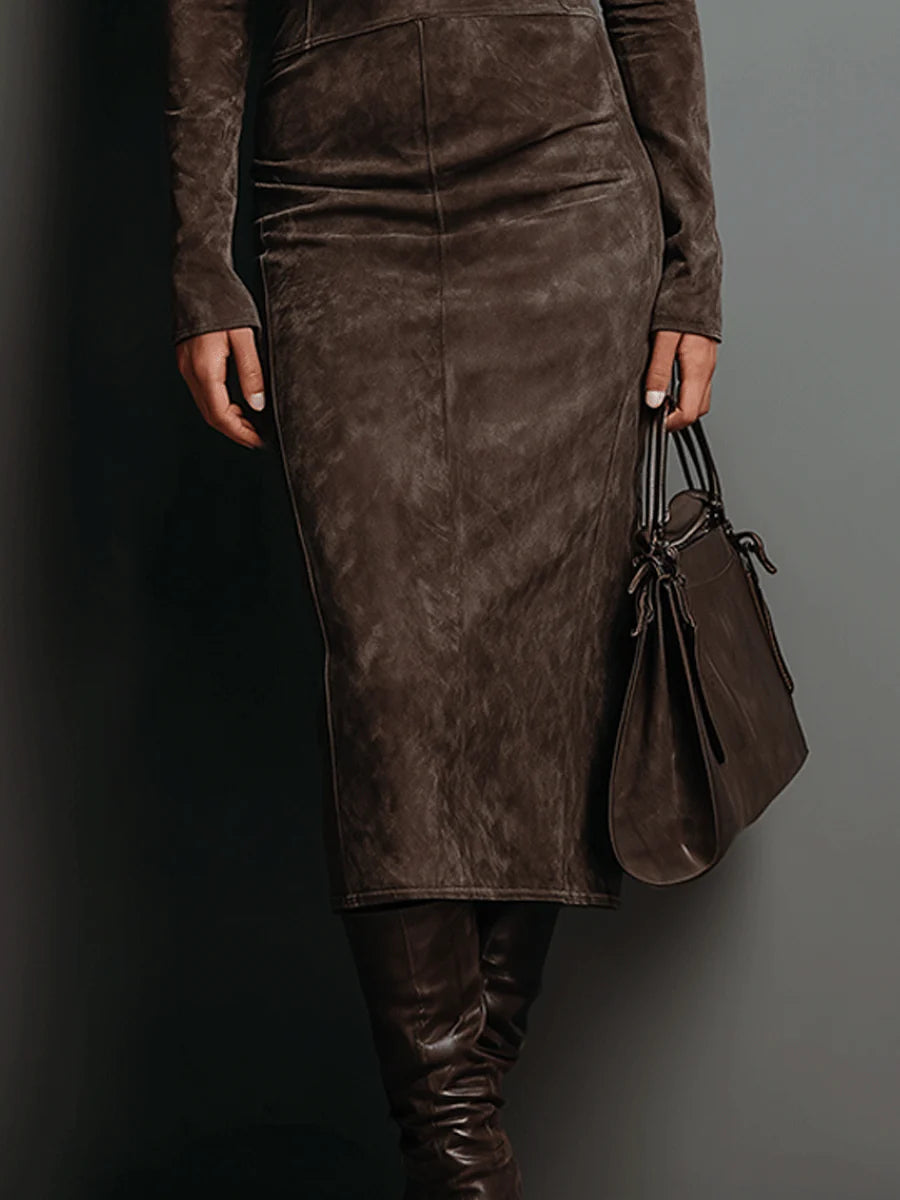 Robine | Long Sleeve Suede Midi Dress