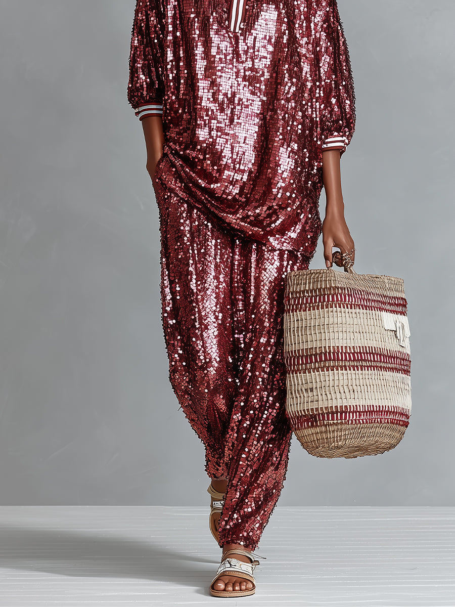 Women's Burgundy Glamorous Sequin Striped - Trimmed Oversized Loungewear Set MDA3059I3I