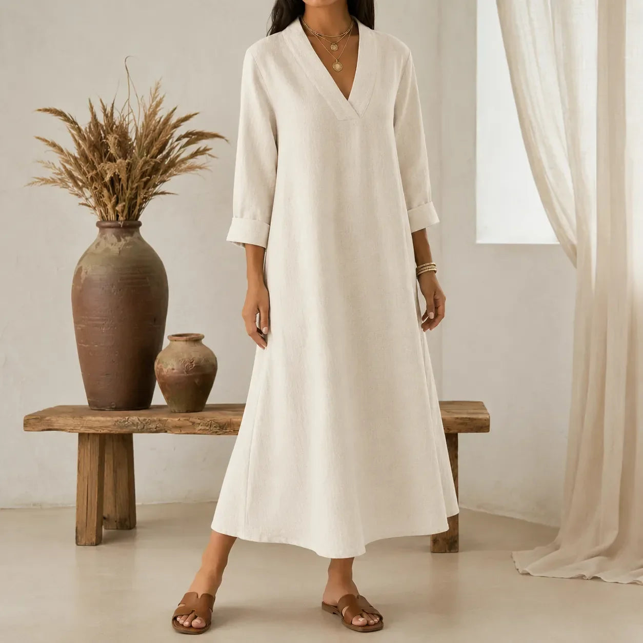 Lunara – Linen-Look V-Neck A-Line Maxi Dress with Pockets
