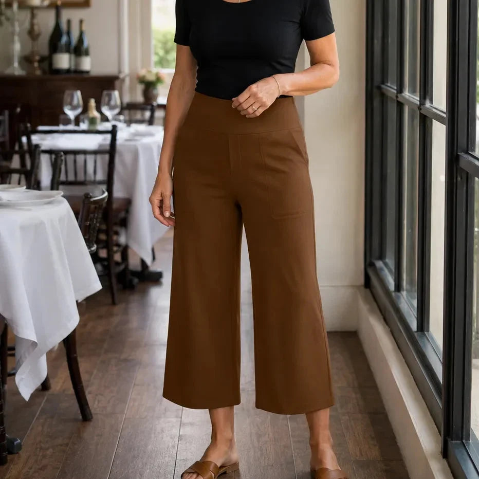 Everalyn – High-Waisted Stretch Cropped Wide-Leg Capris with Pockets