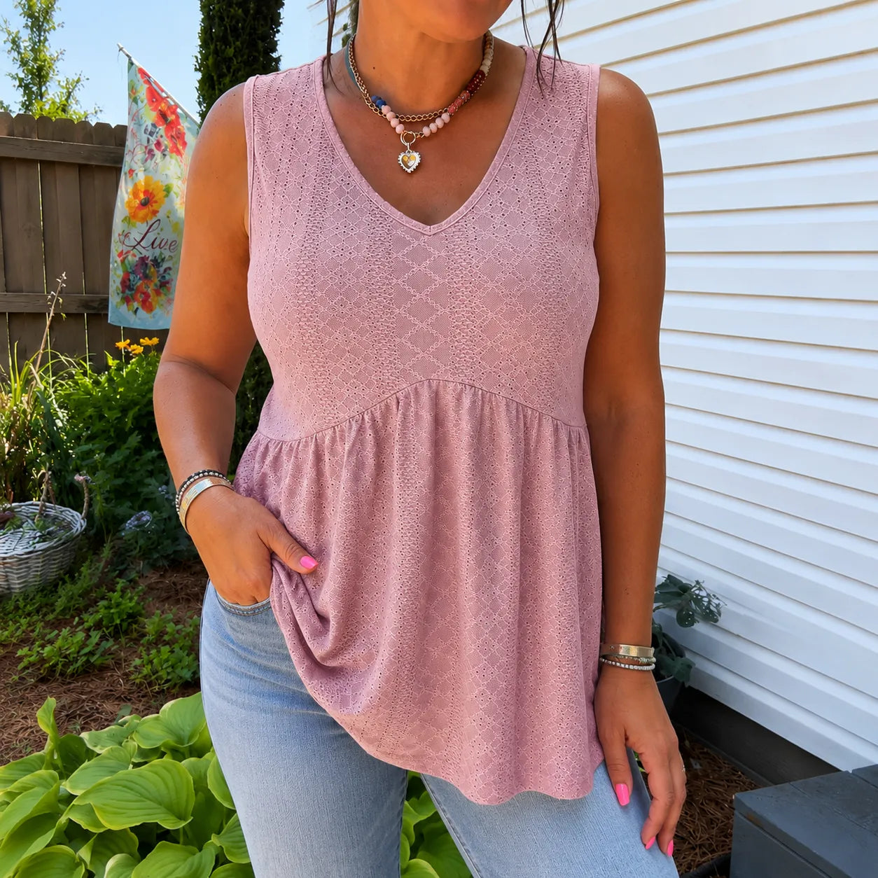 Florelle – Eyelet Peplum V-Neck Tank Top for Women, Flowy Sleeveless Summer Top