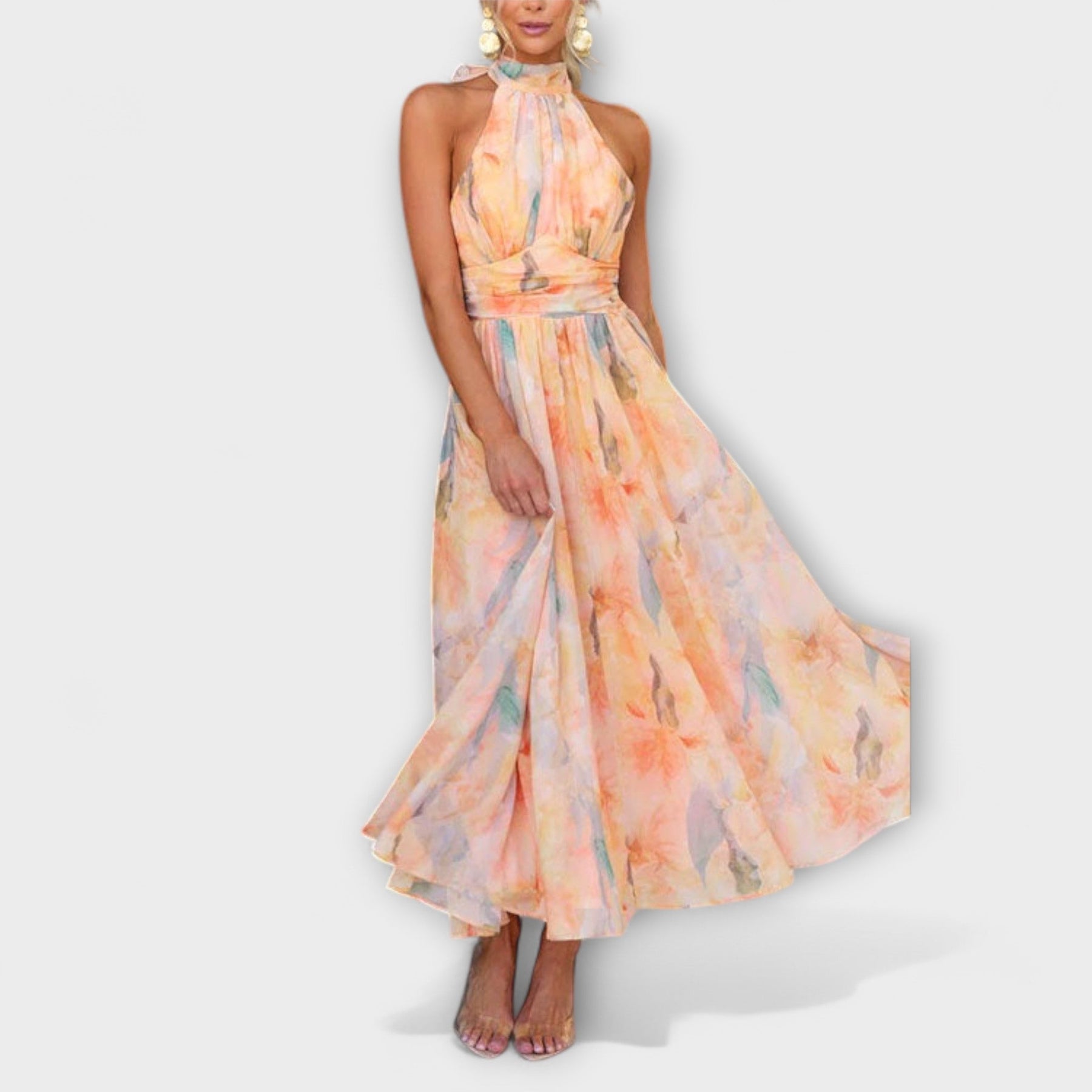 Wein™ | Halter-Neck Watercolor Print Maxi Dress