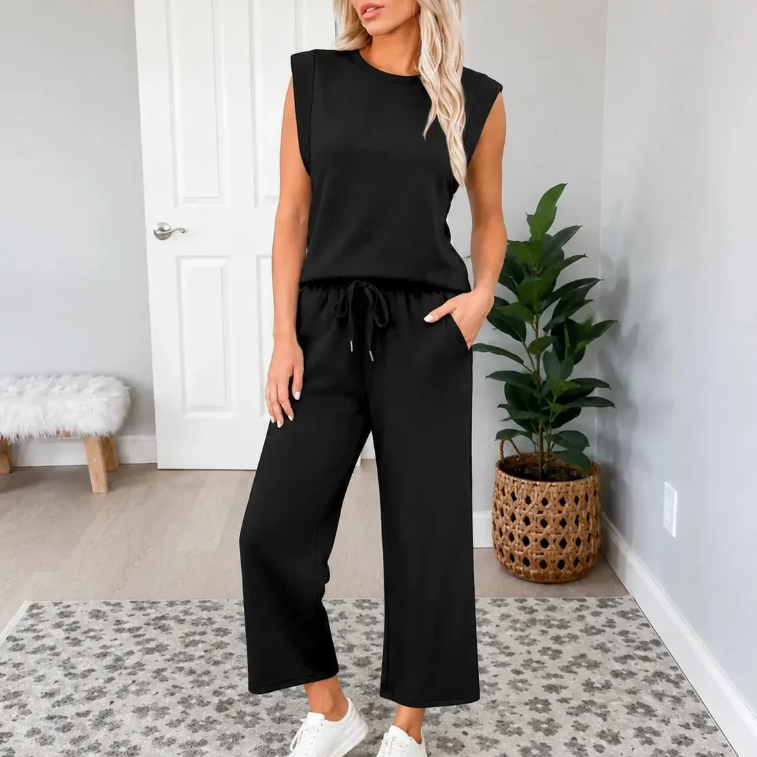 Lounella – Sleeveless Top & Wide-Leg Drawstring Pants 2-Piece Lounge Set