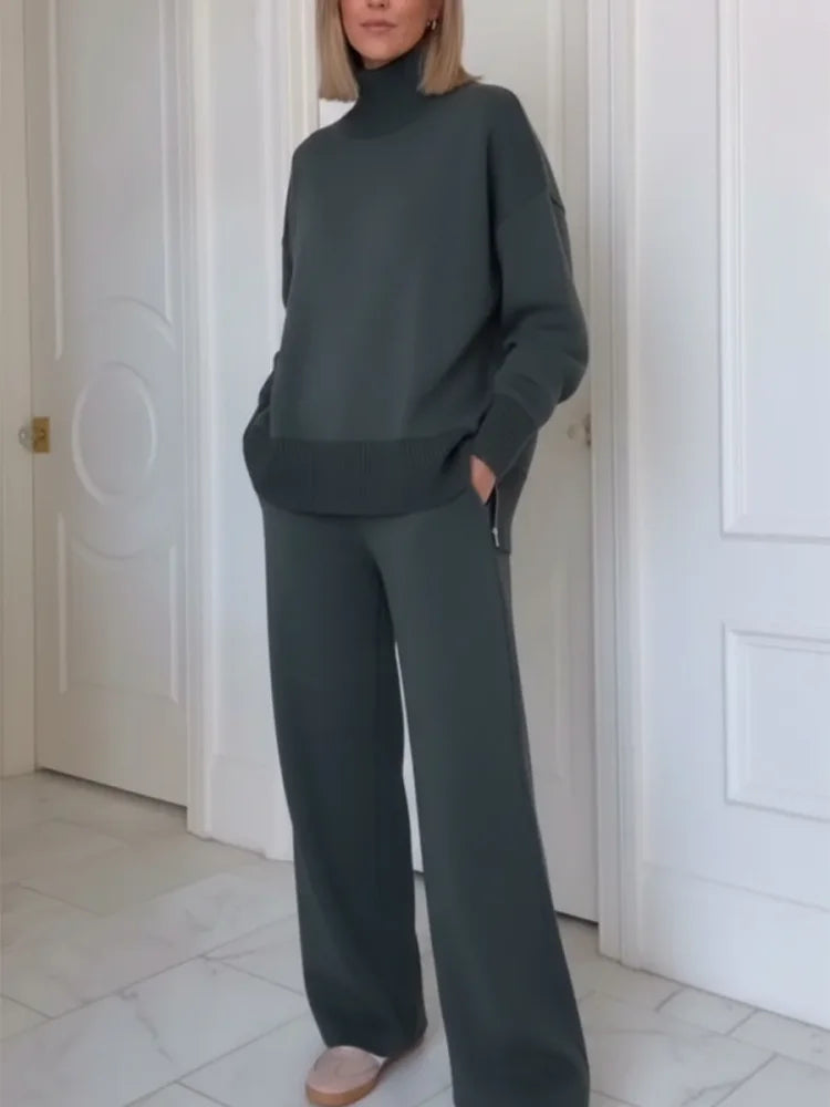 Two-Piece Set with High Collar and Zipper Closure, Straight Pants
