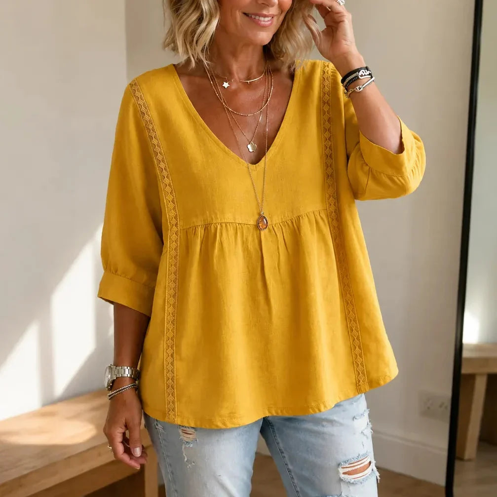 Liorelle – Lace Trim V Neck Babydoll Blouse for Women