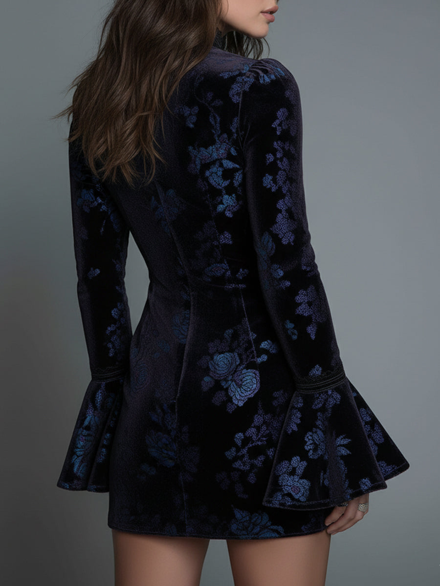 Vintage Floral Lace-trimmed Slim-fit Polyester Velvet Mini Dress
