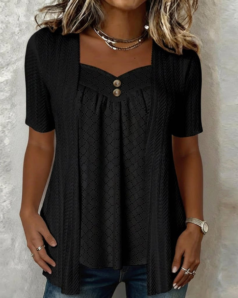 Carol | Faux Layered Square Collar Cutout Patchwork Shirt