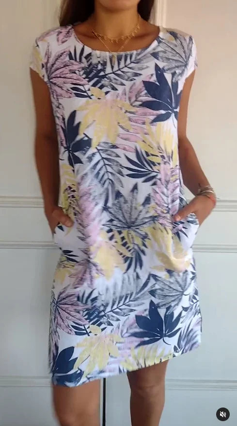 Printed summer dress in cotton and linen for women with pockets