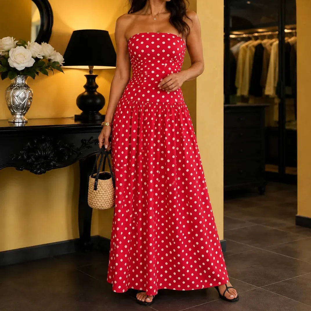 Doretta – Strapless Polka Dot Ruched Maxi Dress