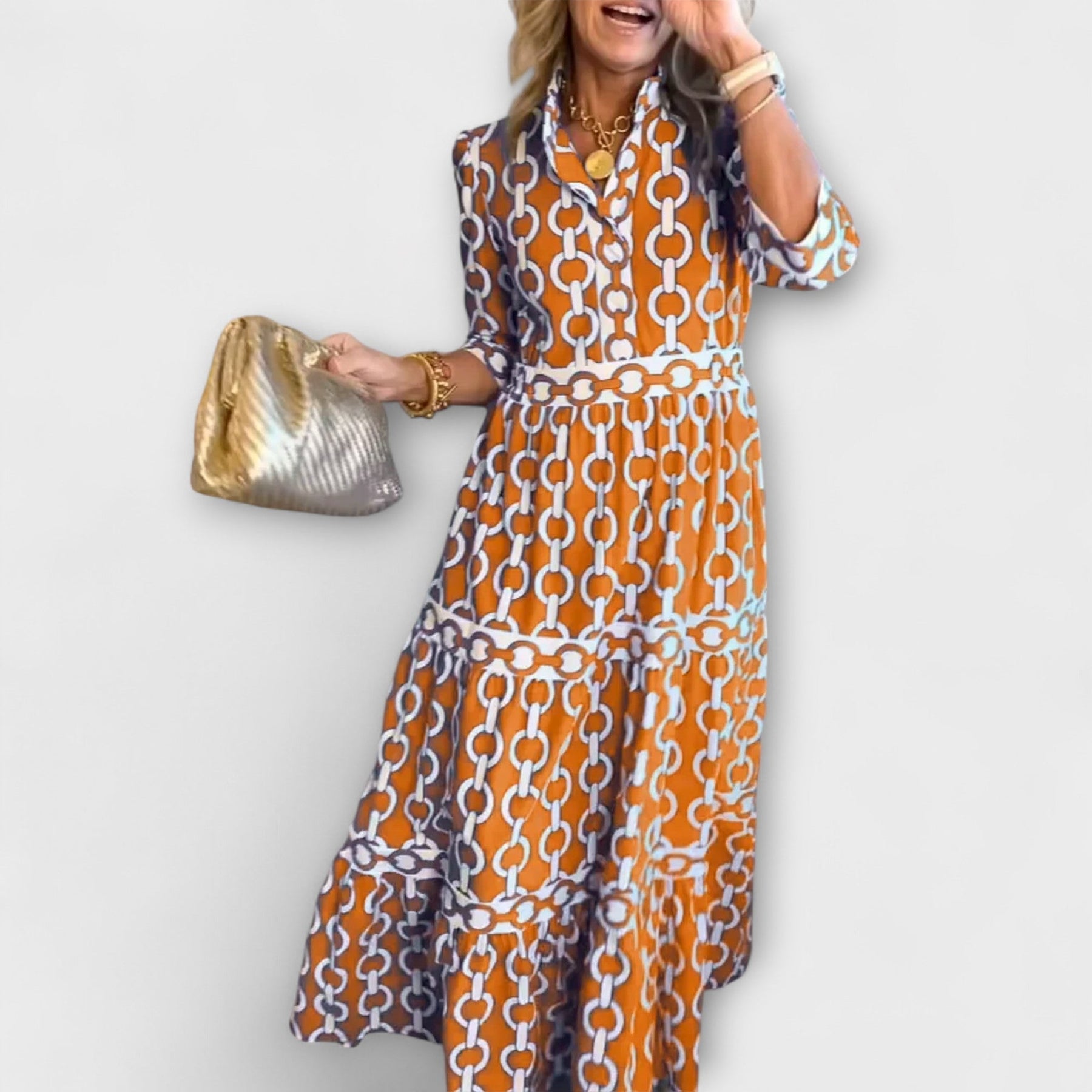 REAGAN – ELEGANT CHAIN PRINT MIDI DRESS