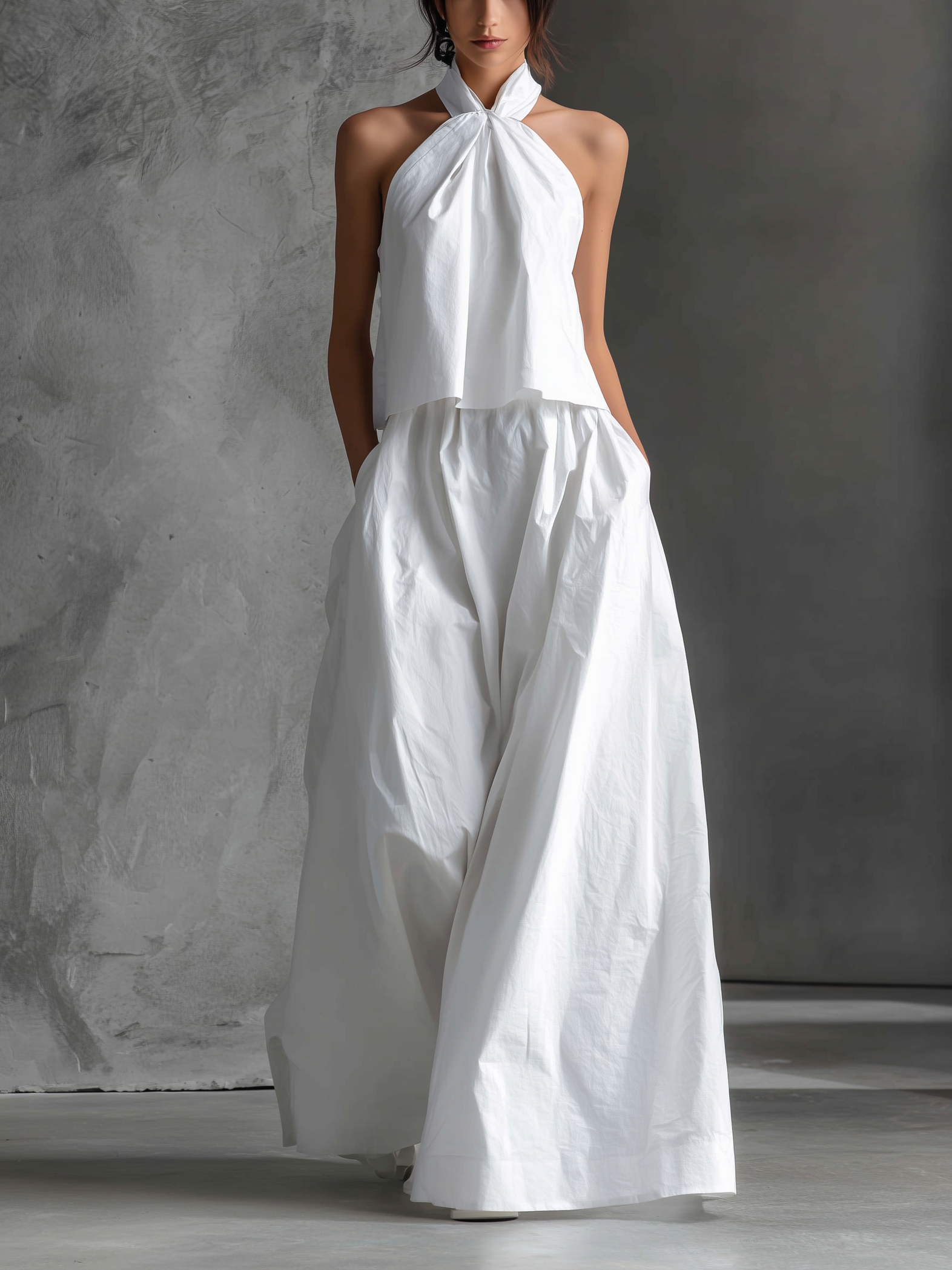 Women's Casual White Cotton And Linen Halter-neck Sleeveless Top And Skirt Set MDZ1269A6AN