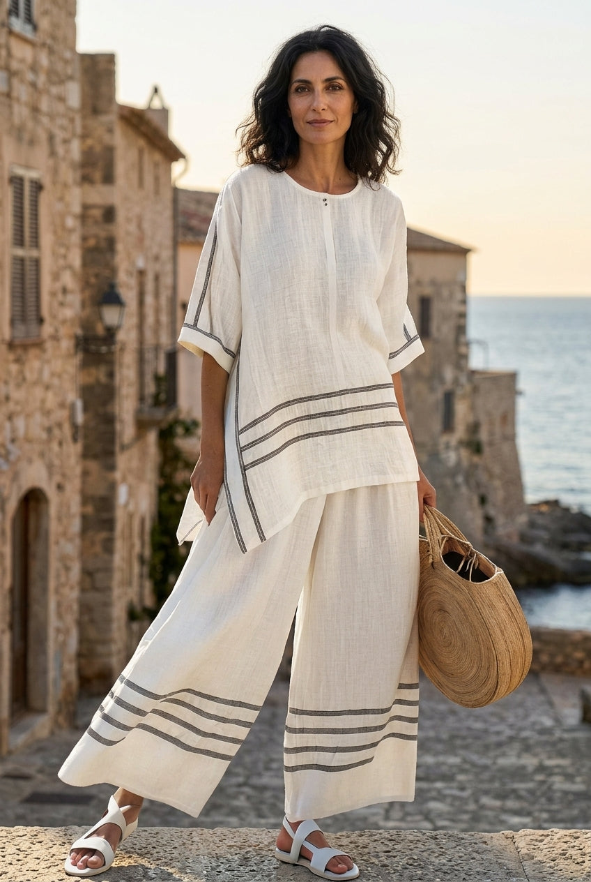 Chic Striped Set - Wide Leg Pants and Asymmetrical Blouse for Women