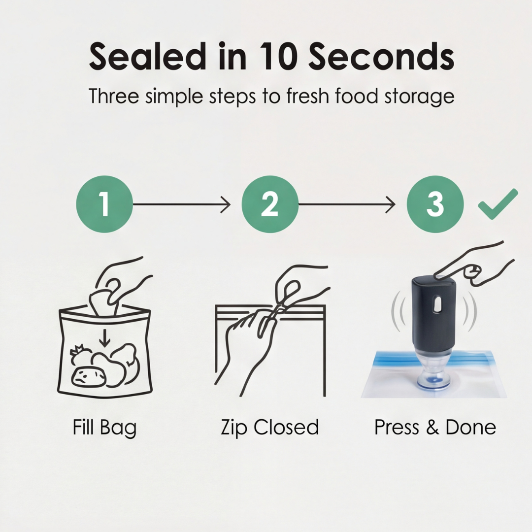 Freshvault – Handheld Vacuum Sealer with 30 Reusable Vacuum Bags (4 Sizes)