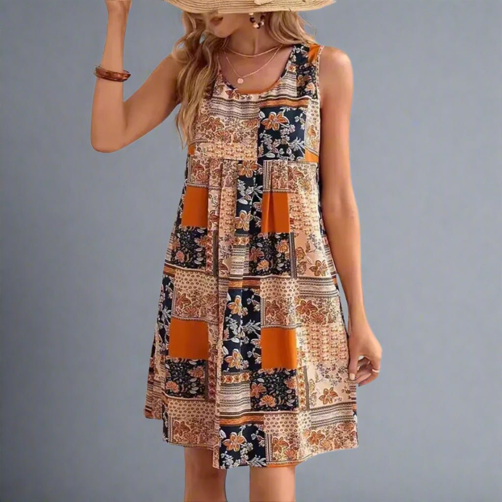 Caroline | Women's Boho Patchwork Print Sleeveless Mini Dress