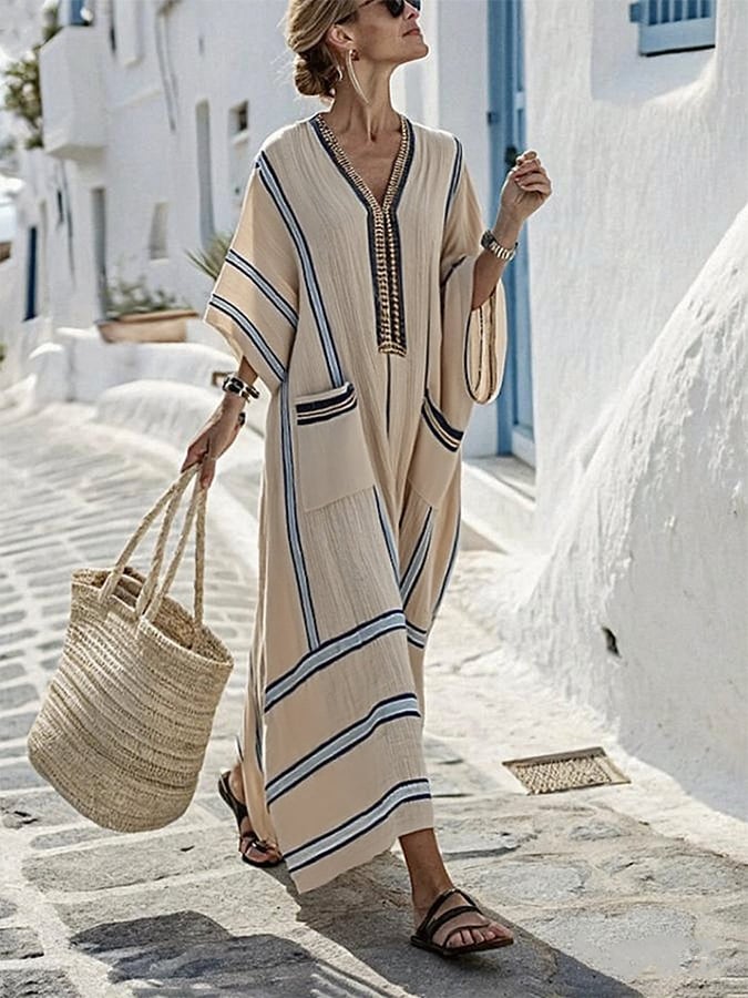 Elena™ Elegant Loose Striped Dress with Pockets