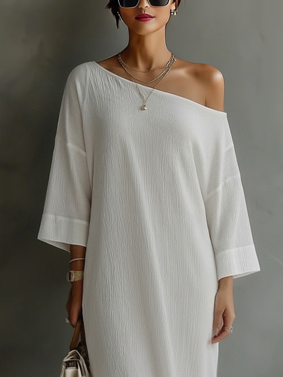 Women's Ivory White Cotton-Linen Blend One-Shoulder Flowing Elegant Dress MDA3032K4T