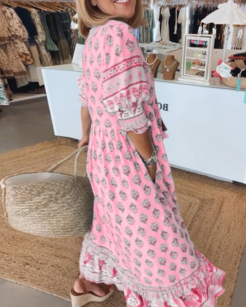 Isabella | Women's Boho Printed Tassel Tie Midi Dress