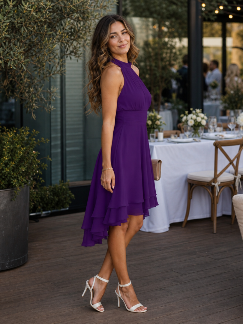 Iyla | Halter Neck Layered Hem Knee Length Dress