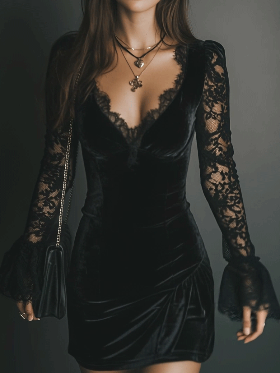 Romance Midnight Velvet Lace Bell-Sleeve Mini Dress