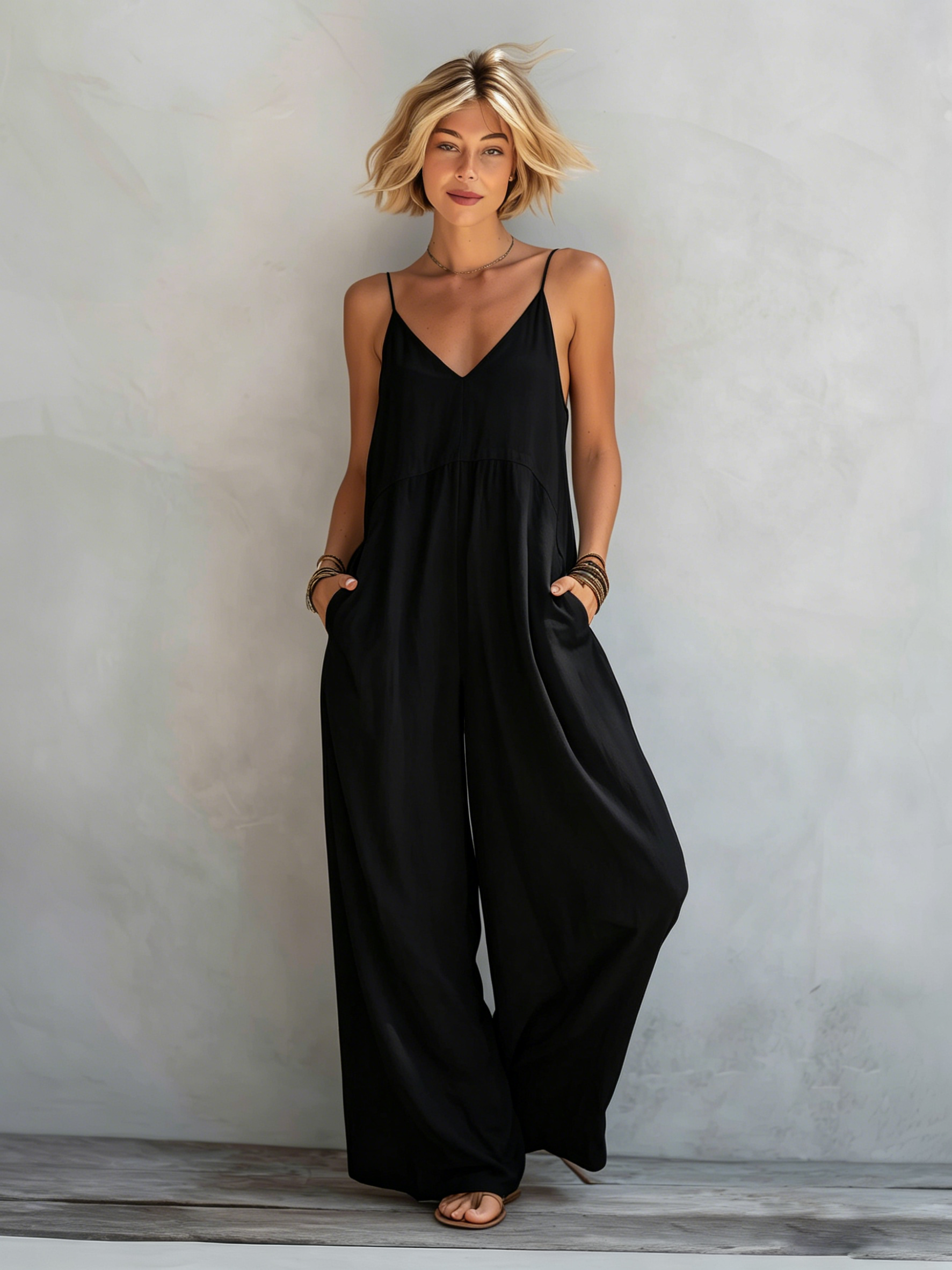 Women's Casual White Cotton-linen Blend Sleeveless Loose Jumpsuit MDZ0246C9AN