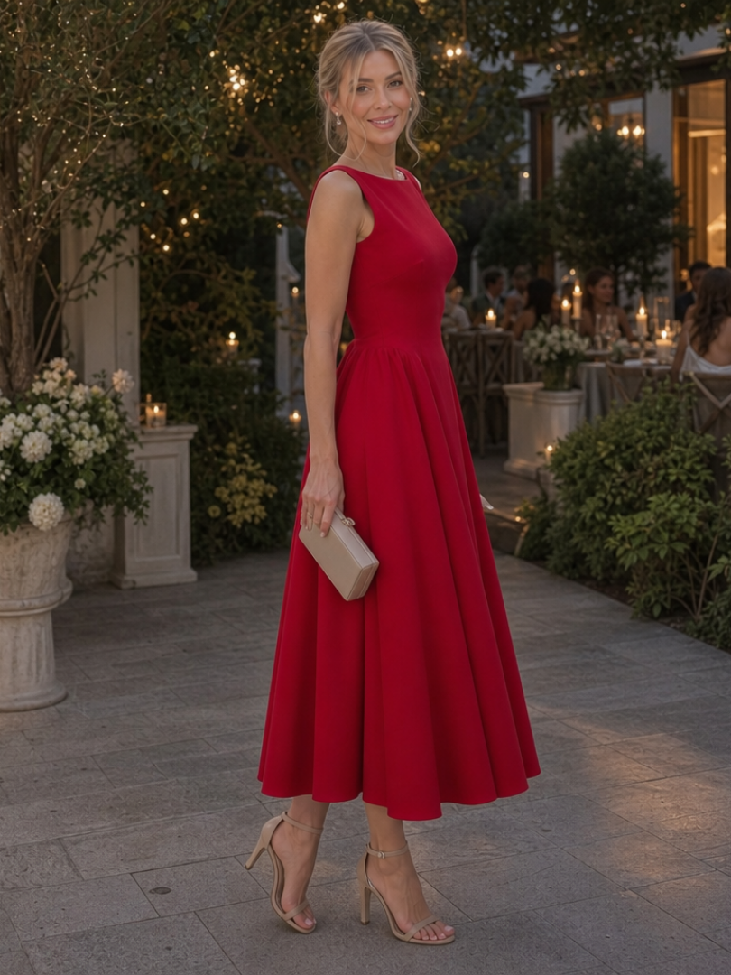 Corane | Sleeveless Crew Neck Fitted Bodice Midi Dress