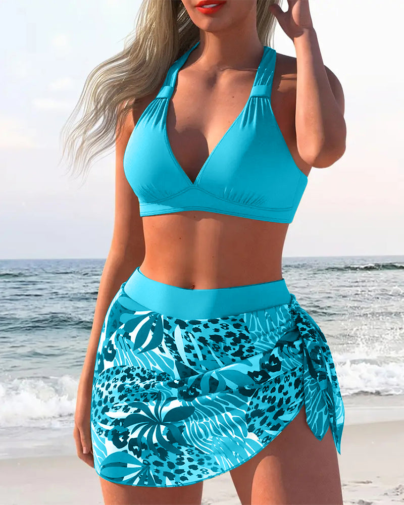 Two-piece swimsuit with bra and skirt
