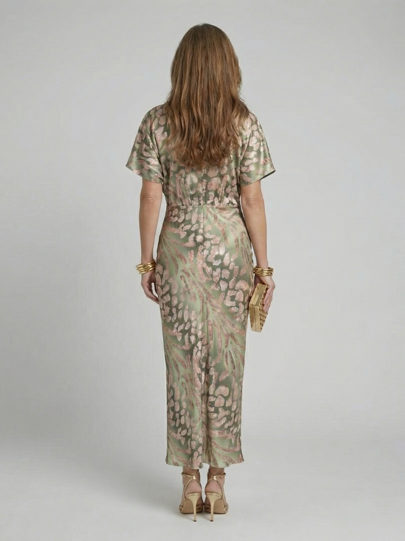 Abstract Print Midi Dress with V-Neck and Twisted Waist