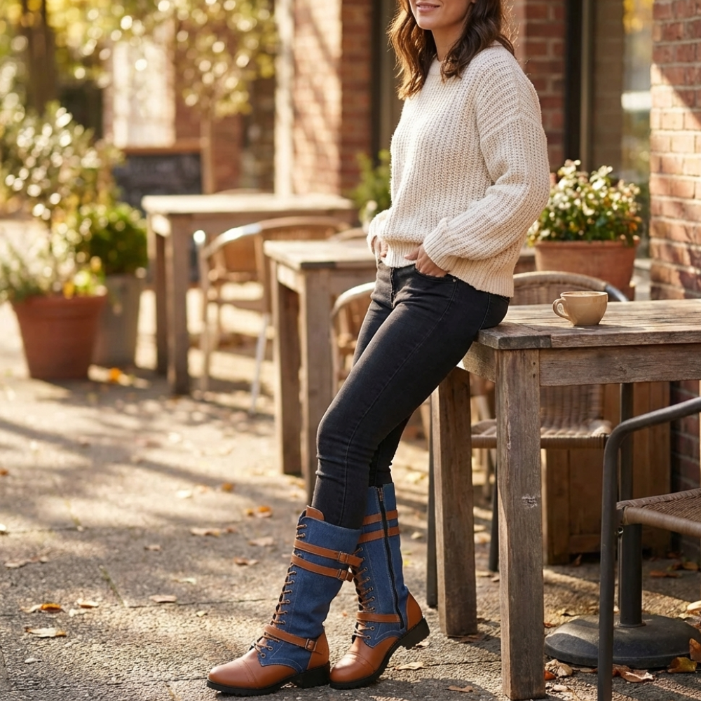 Denara - Denim and Leather Mid-Calf Riding Boots
