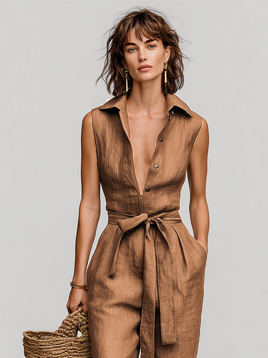 Women's Tobacco Brown Linen Jumpsuit With Self-Tie Waist & Collared V-Neck, Timeless Resort-Casual Style Jumpsuit MDZ0638B5I
