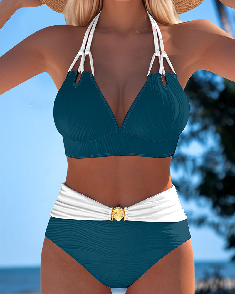 Swimsuit with double straps, high waist, and contrasting color
