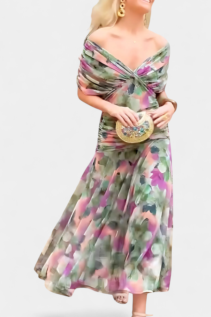 Florendra™ | Long Floral V Neck Dress