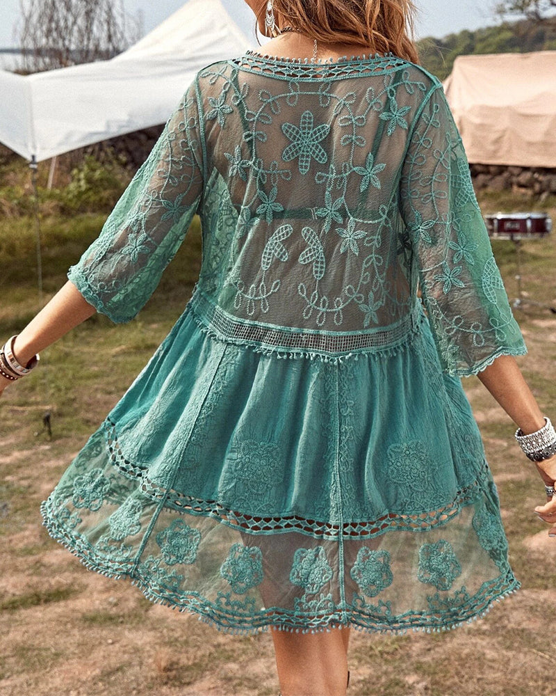 Smock with V-neck and Lace Embroidery