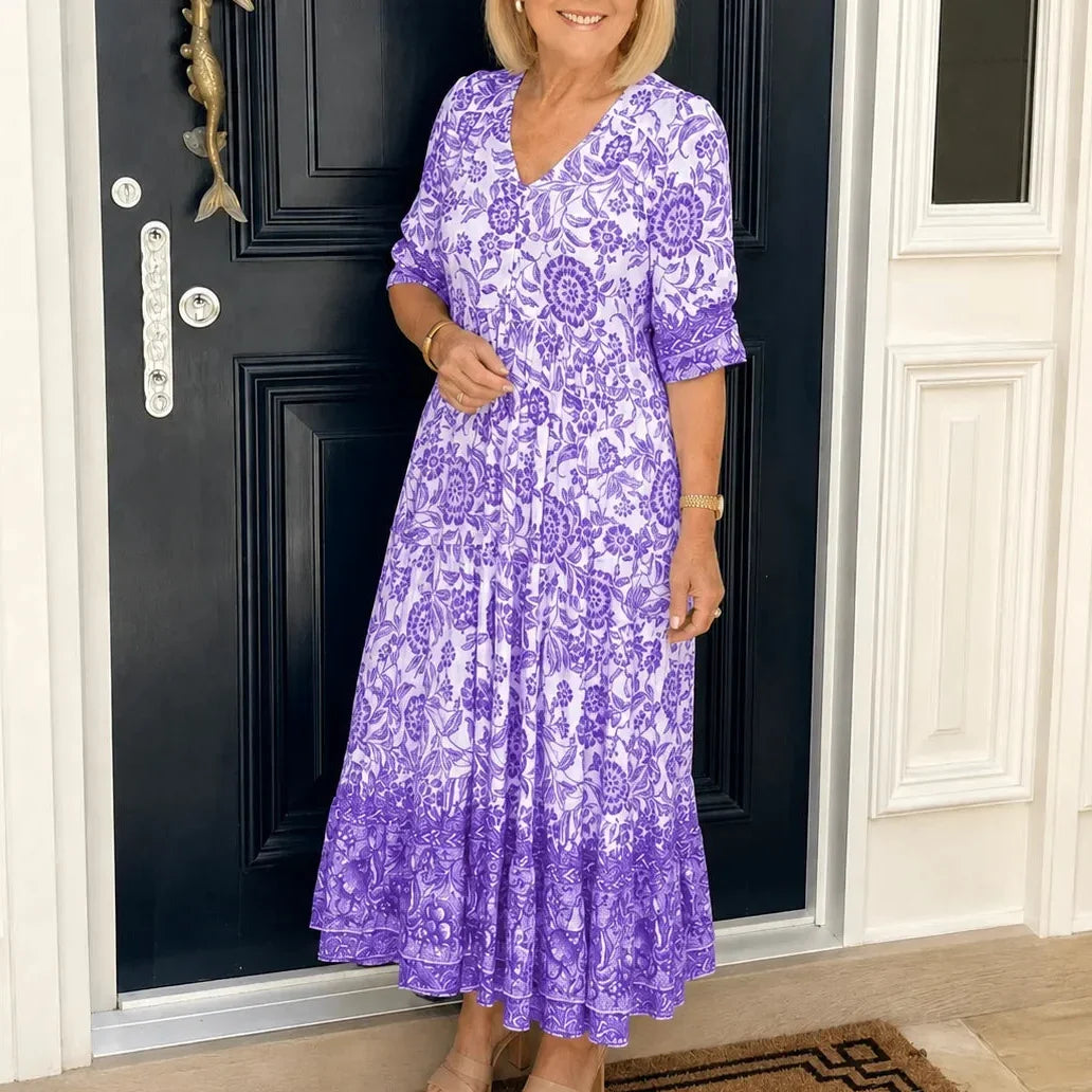 Florenza – Boho V-Neck Floral Midi Dress with Tiered Hem