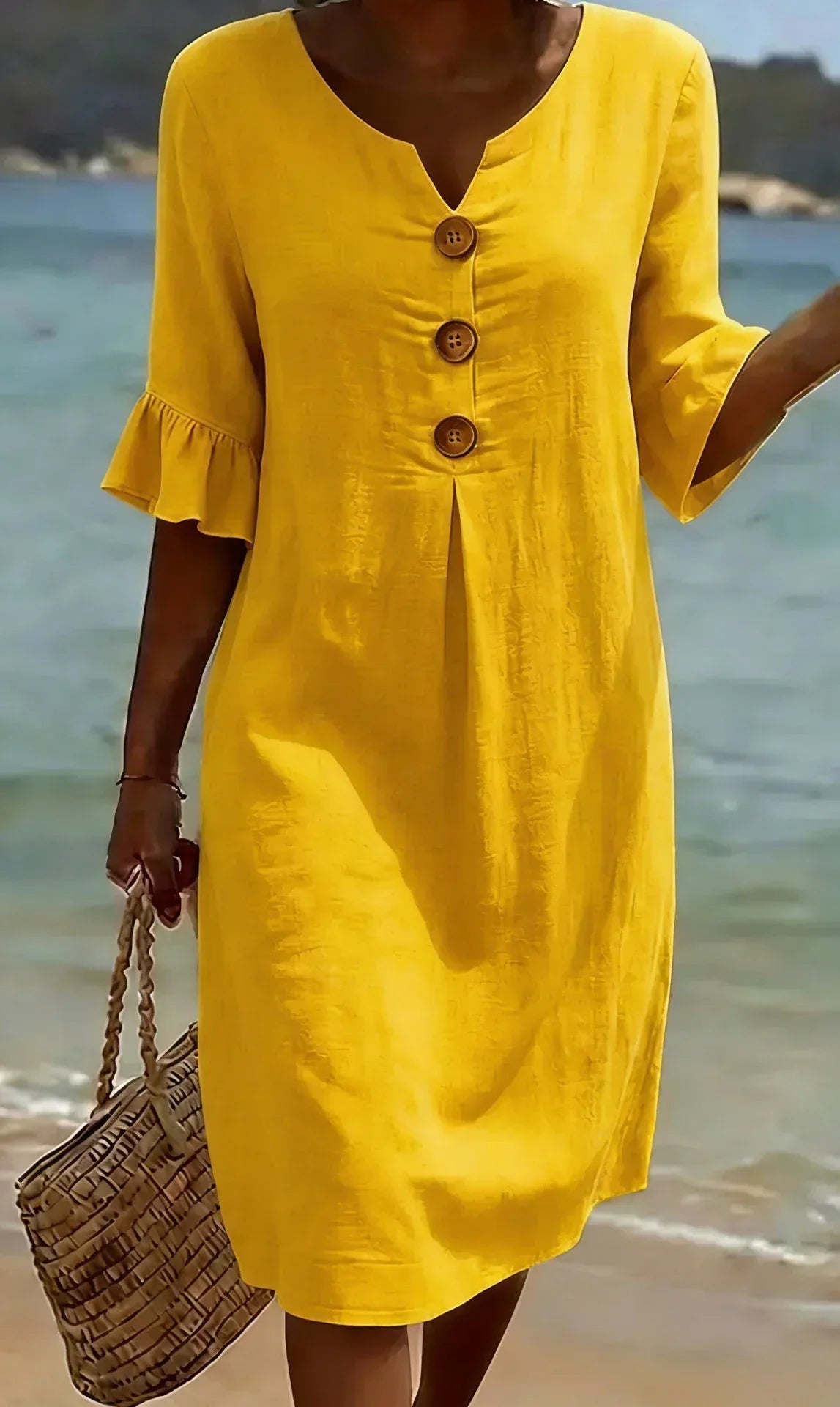Vanesa | Linen dress with texture, puff sleeves, and buttons