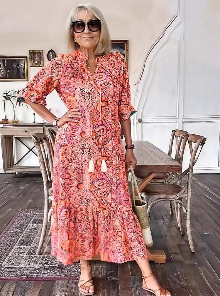Carolette - Boho Drawstring Neck Maxi Dress